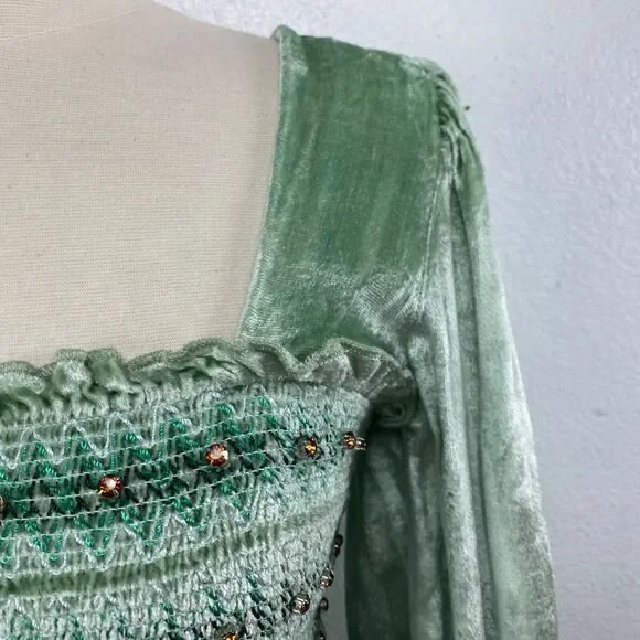 Urban Outfitters Green Velvet Dress Med Rhinestone Fairy Festival Boho Romantic - Picture 4 of 14